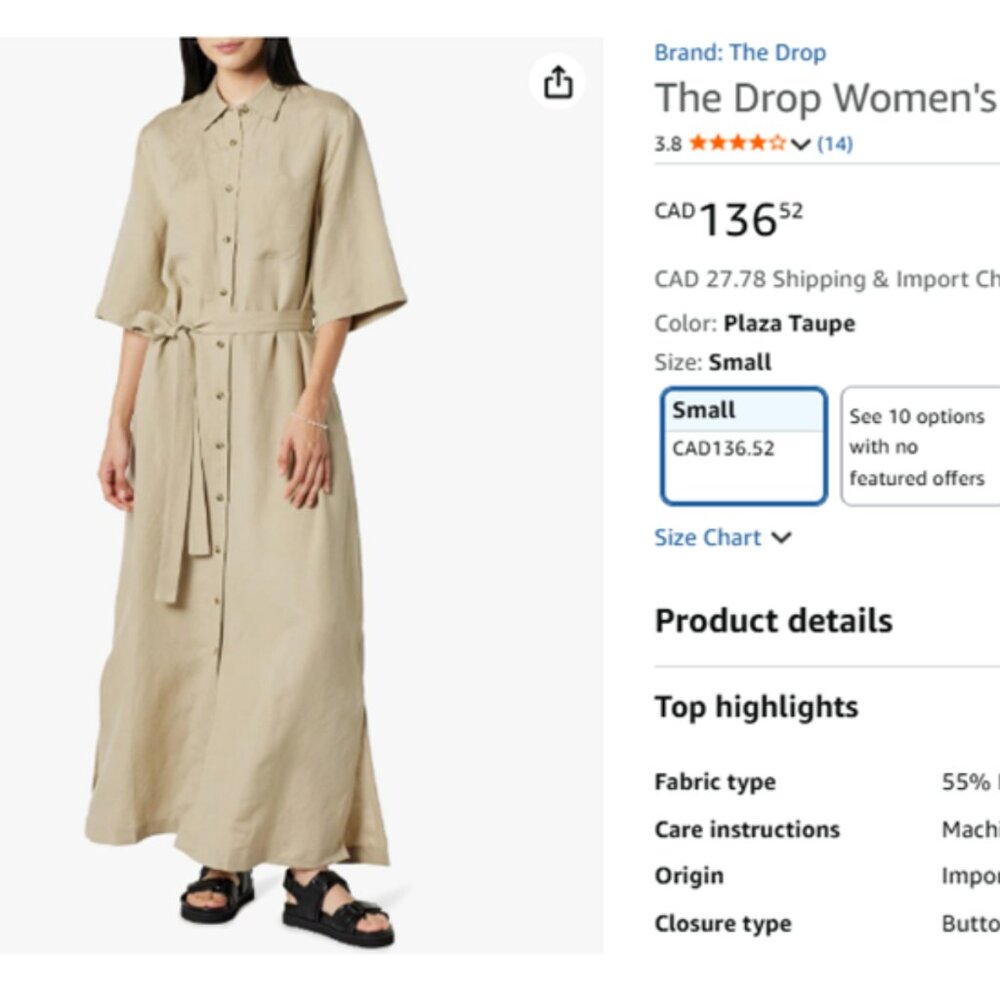 Linen Blend Maxi, NWT, The Drop Women's Long Shirt Dress, Oversized Small, Beige